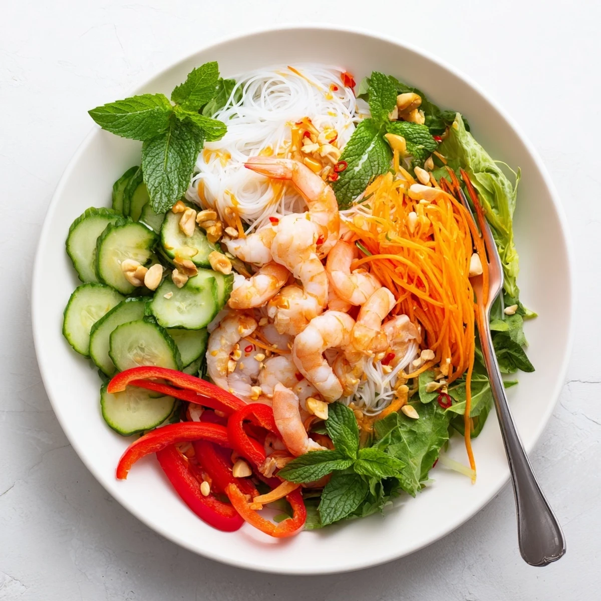 Vibrant Asian salad with shrimp, crunchy vegetables, vermicelli noodles, and roasted peanuts topped with spicy ginger dressing