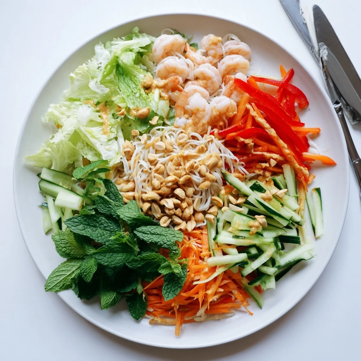 Vibrant bowl of Spring Roll Salad tossed in zesty ginger dressing with crunchy peanuts and tender noodles
