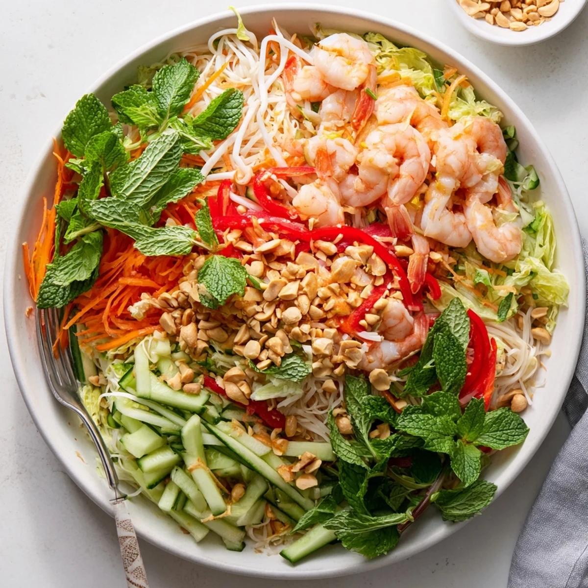 Fresh Spring Roll Salad with spicy ginger dressing showcasing julienned vegetables, fragrant herbs, and plump pink shrimp