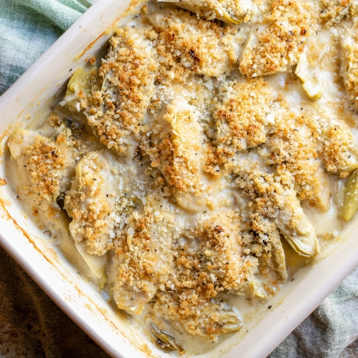 Golden bubbling Artichoke Chicken Bake with cheesy breadcrumb topping served in a white baking dish