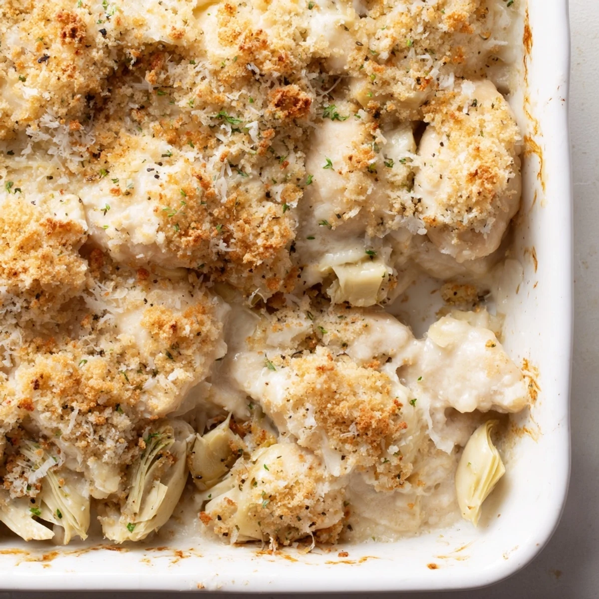 Creamy artichoke chicken bake featuring tender breasts topped with melted mozzarella and crispy Parmesan crust