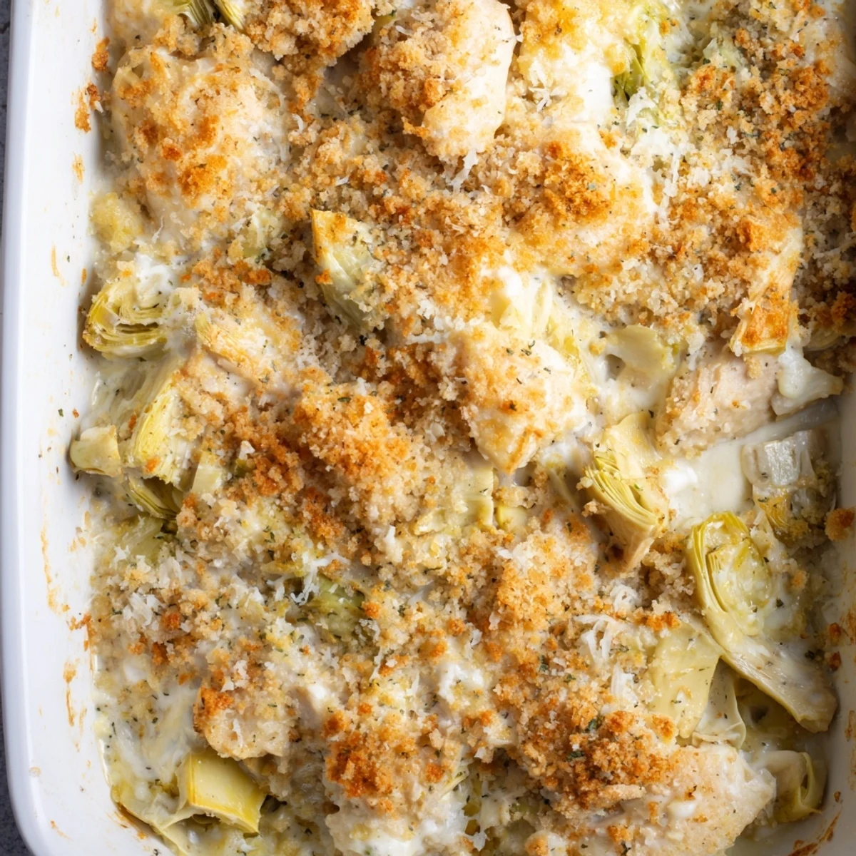 Family-style Artichoke Chicken Bake casserole with golden brown crust and artichoke pieces visible throughout