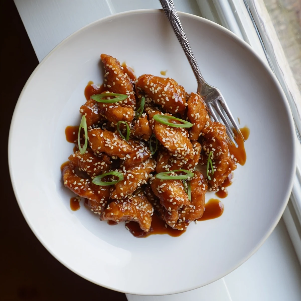 Golden Crock Pot Sesame chicken pieces coated in thick glossy brown sauce with white sesame seeds and green onion garnish.