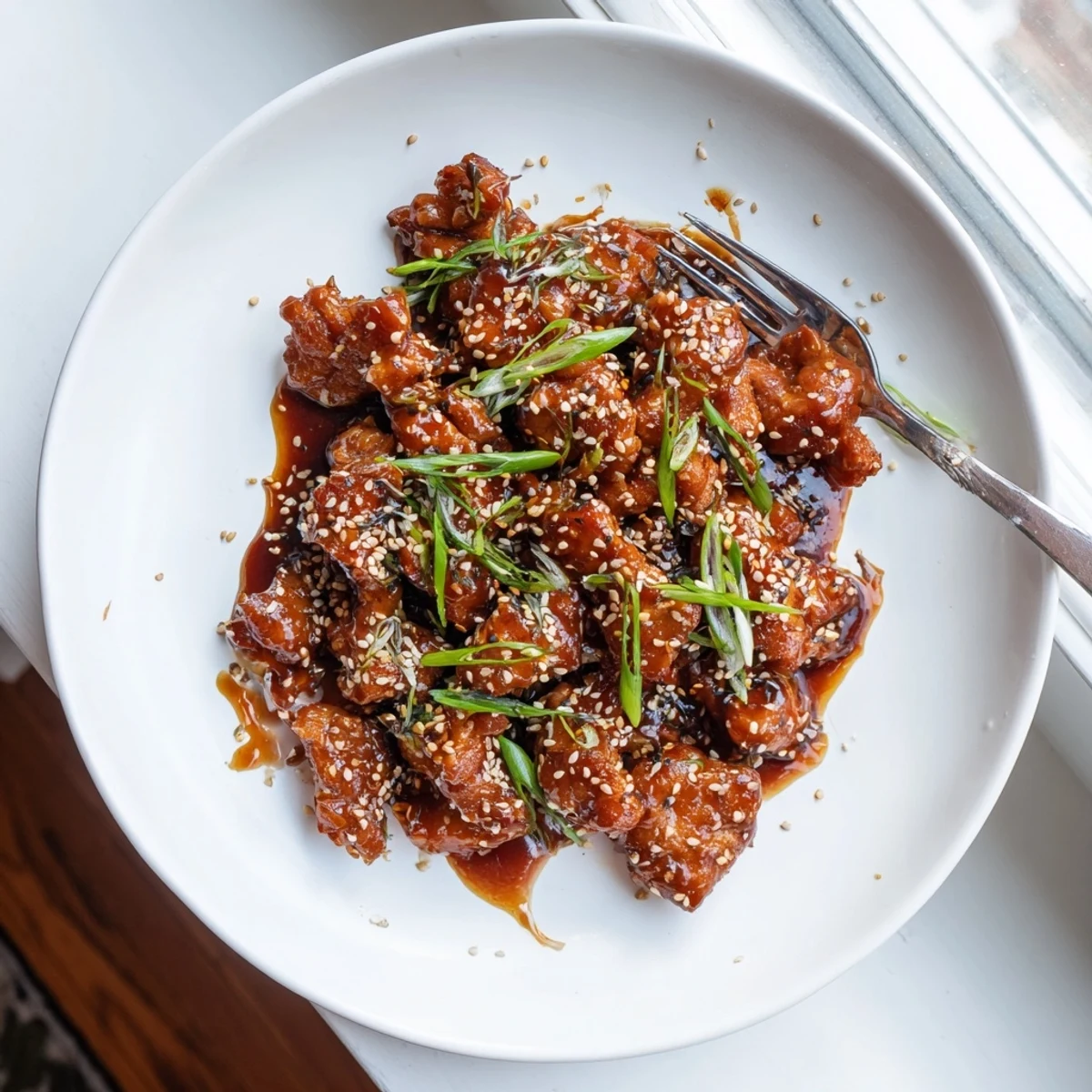Slow cooker bowl filled with tender shredded sesame chicken swimming in savory sweet glaze, topped with chopped scallions.