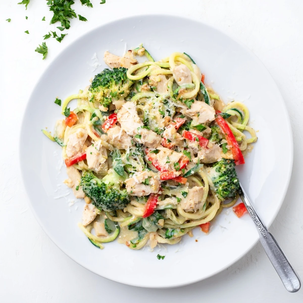 Creamy zucchini noodle chicken Alfredo topped with tender chicken strips, broccoli, and red bell pepper slices in a white bowl