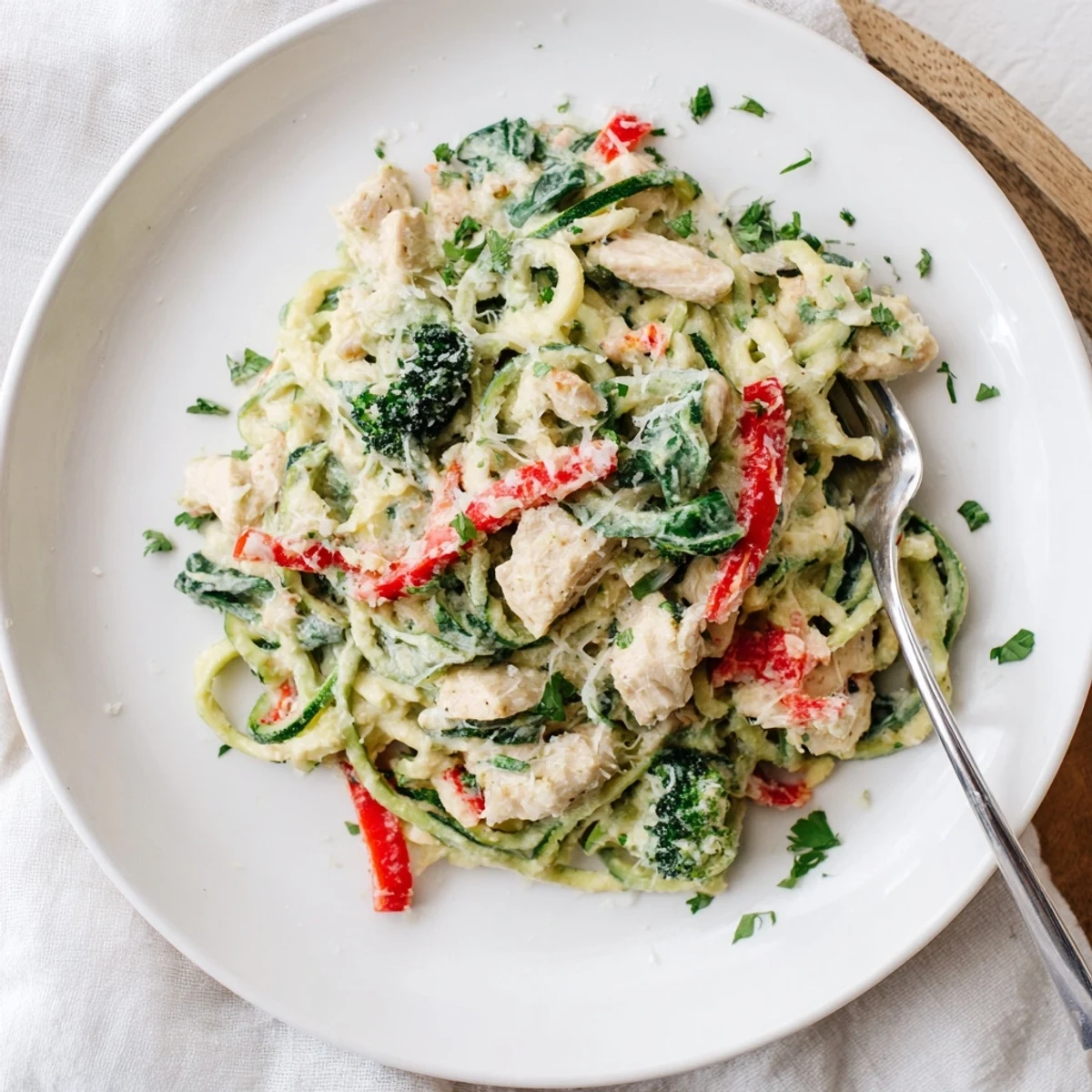 Low carb zucchini noodle Alfredo featuring sautéed chicken and colorful vegetables in a creamy garlic Parmesan sauce