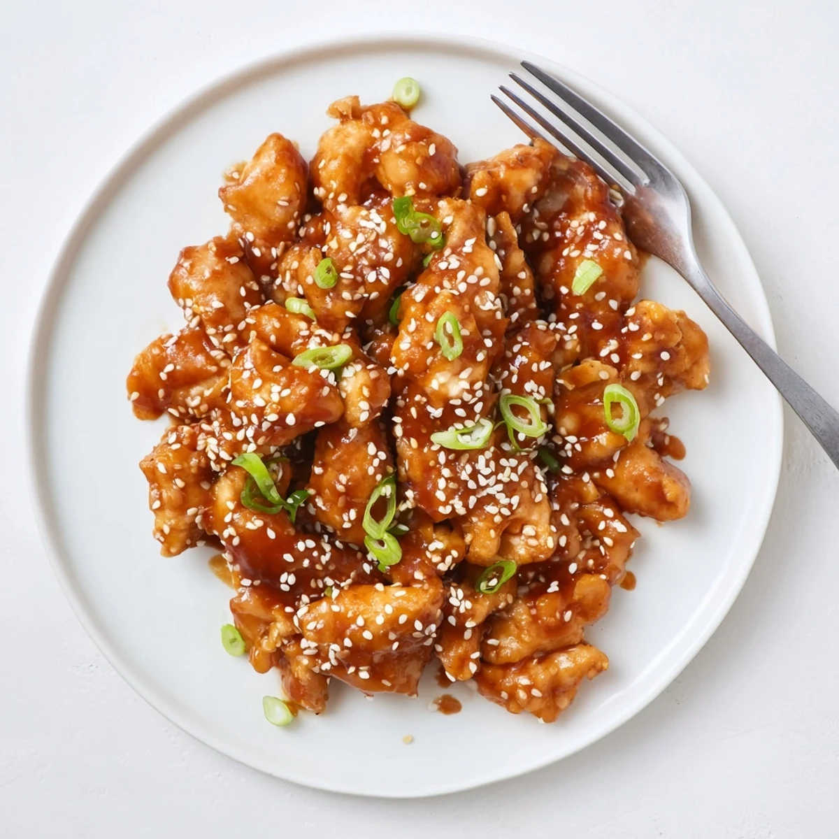Golden pieces of Crock Pot Sesame Chicken coated in thick glossy sauce and sprinkled with sesame seeds