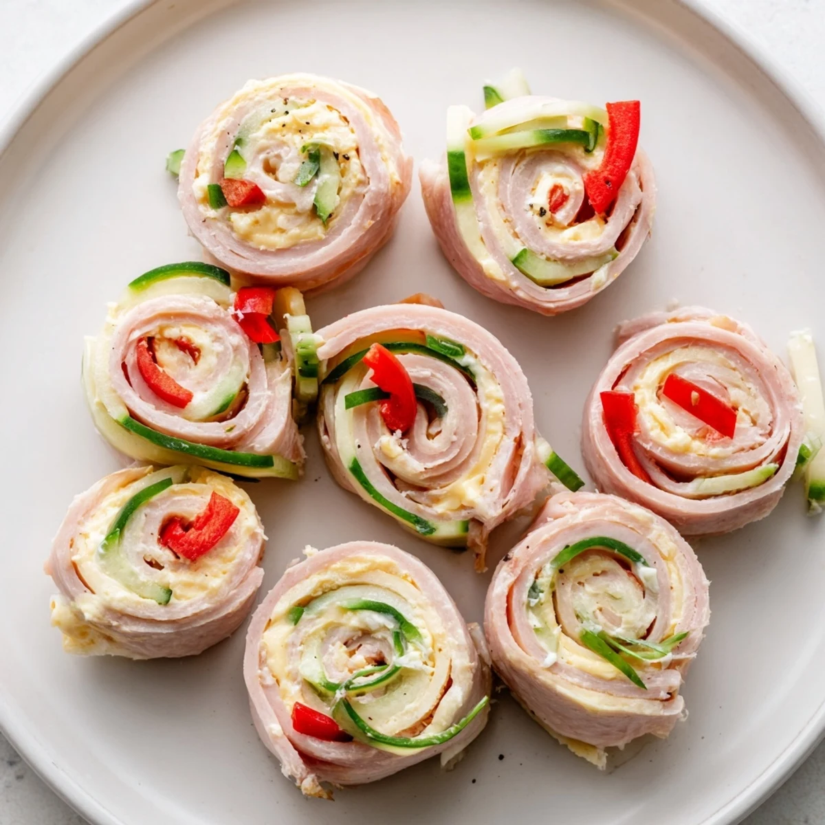 Keto ham roll ups featuring creamy cheddar filling and crisp julienned vegetables