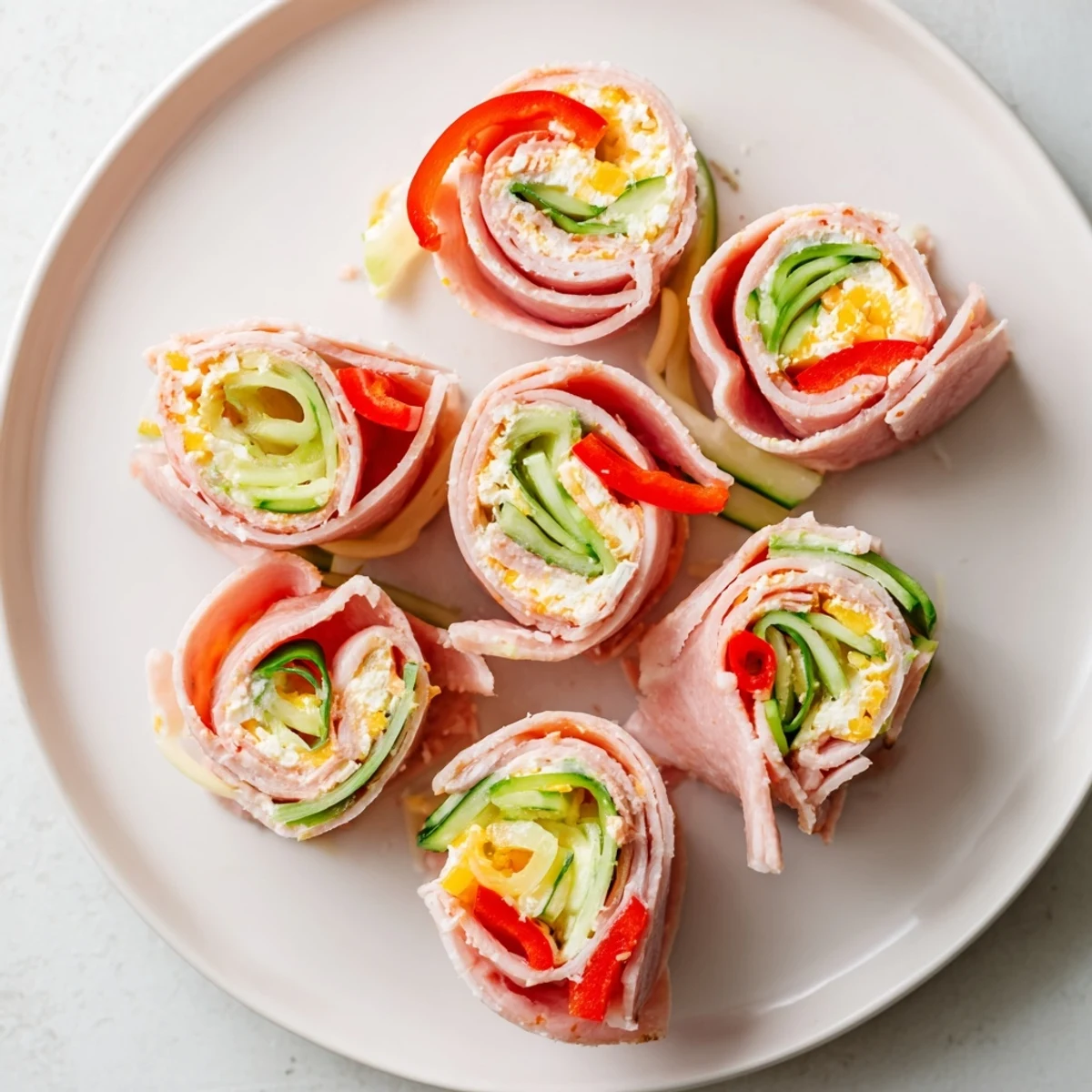 Plate of chilled keto ham roll ups sliced into bite-sized appetizer pieces