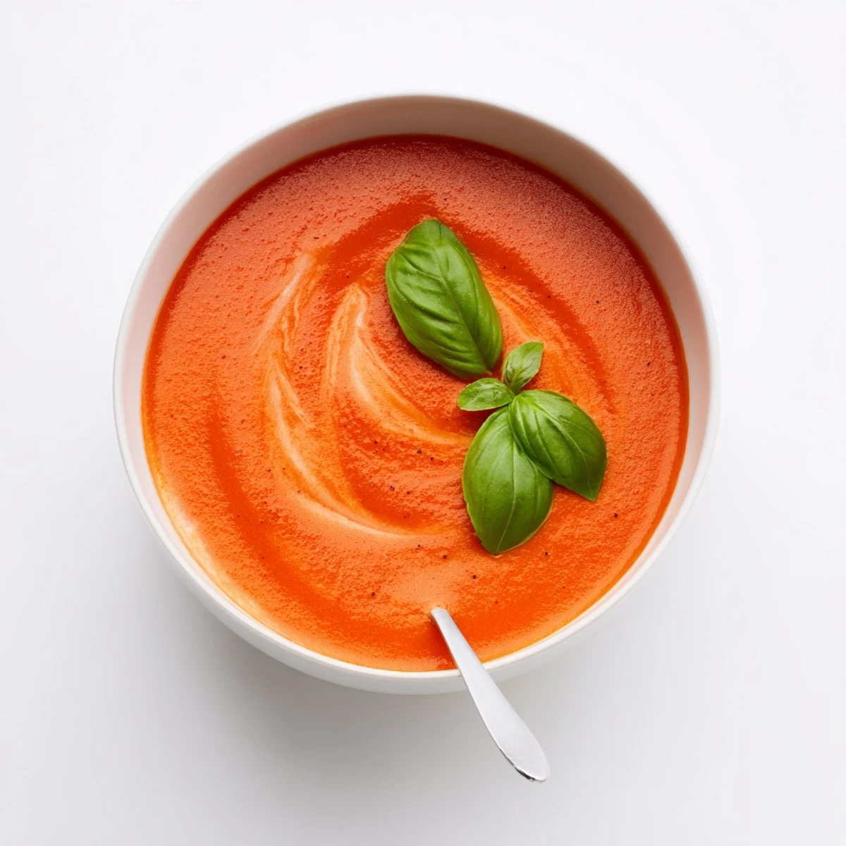 Creamy cozy tomato soup in a white bowl garnished with fresh basil leaves and drizzled cream
