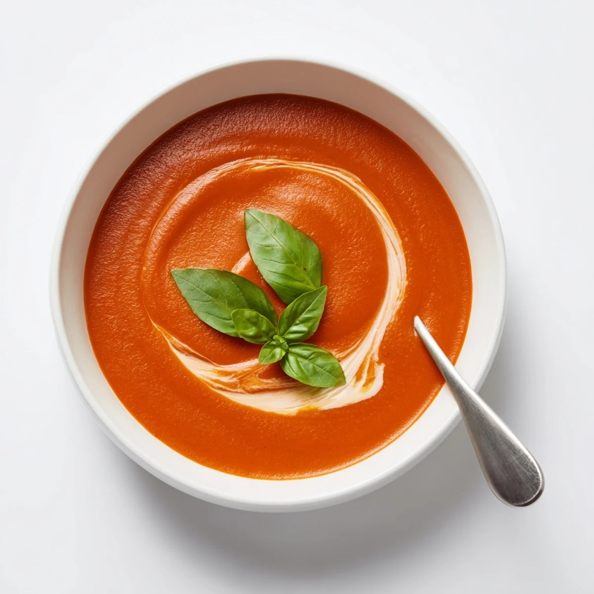 Steaming bowl of velvety cozy tomato soup served with crusty bread on a wooden table