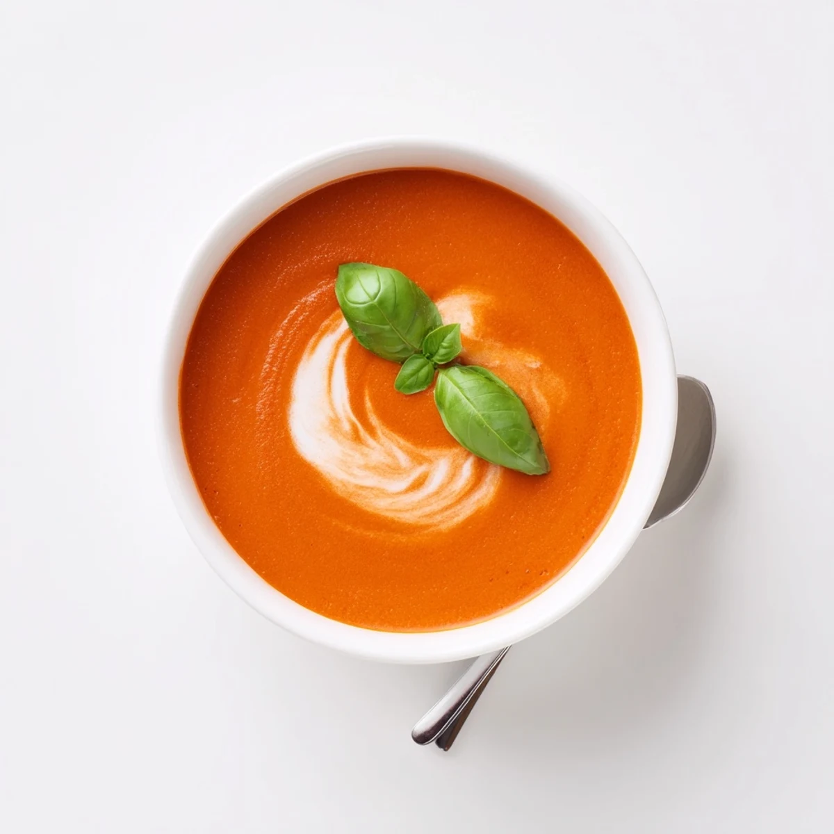 Roasted tomato cozy tomato soup with aromatic herbs swirl of cream and basil sprig garnish