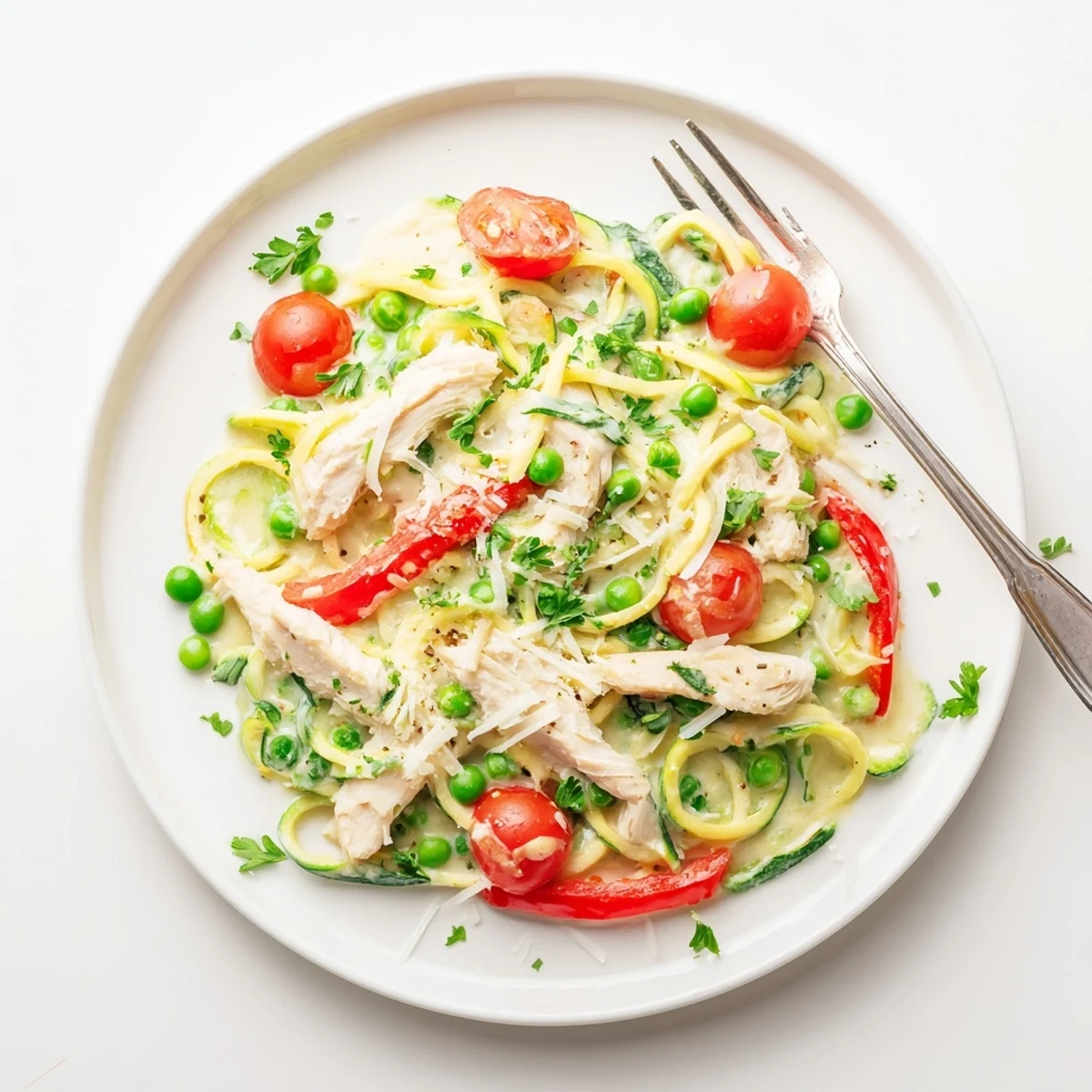 Creamy zucchini noodle chicken Alfredo topped with colorful bell peppers, cherry tomatoes, and fresh parsley in a white bowl