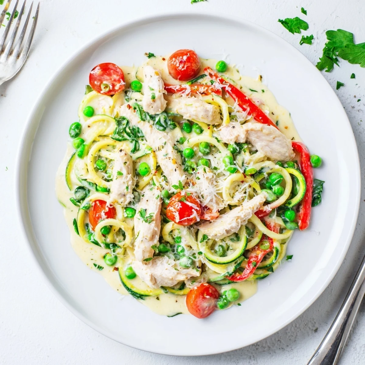 Spiralized zucchini noodles tossed in Parmesan cream sauce with juicy chicken strips and vibrant vegetables on a rustic wooden table