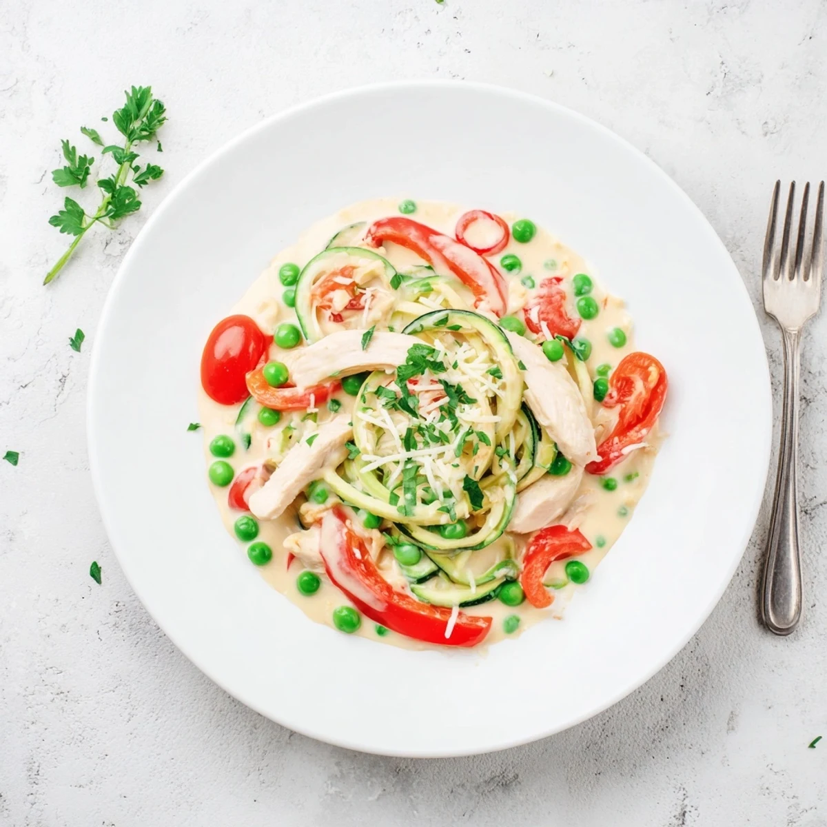 High protein zucchini noodle chicken Alfredo featuring tender chicken breast, baby spinach, and peas in a rich garlic cream sauce