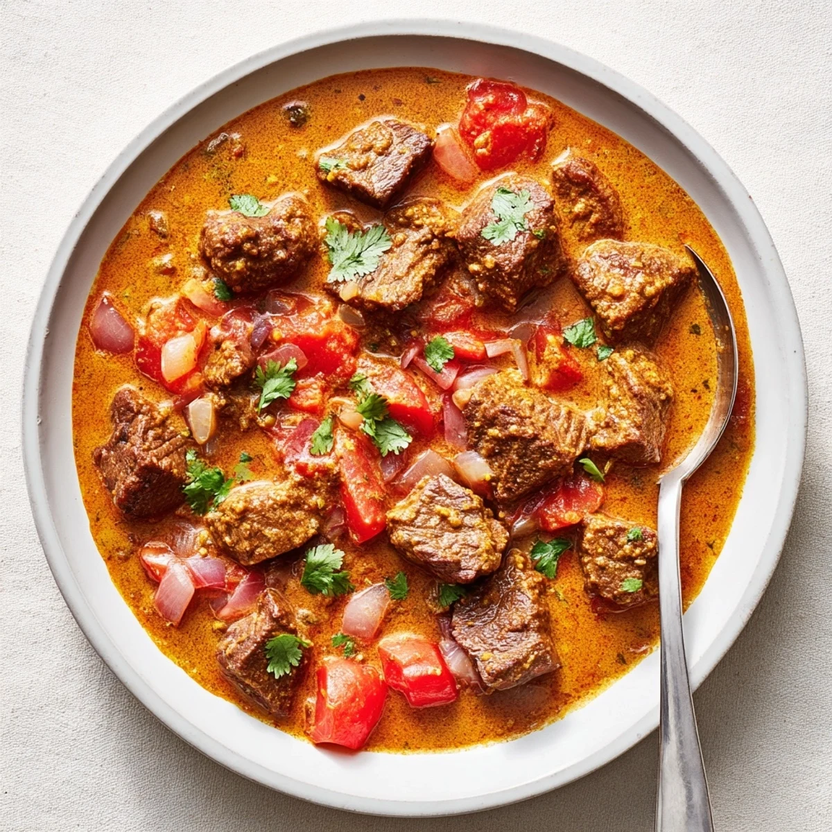 Hearty bowl of aromatic Indian beef curry served over fluffy basmati rice with warm naan bread alongside