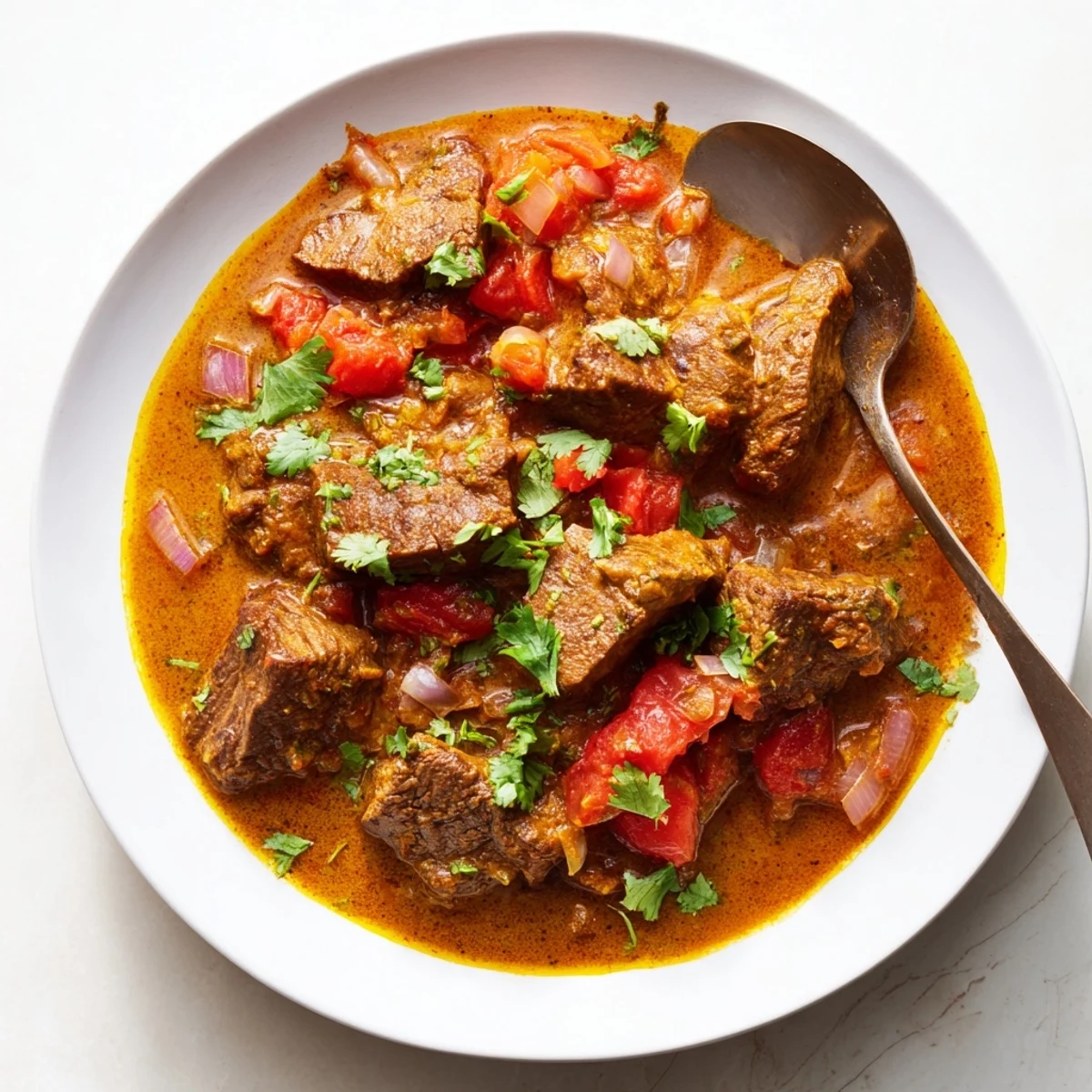 Golden Indian beef curry with tender chunks swimming in rich coconut-spiced sauce garnished with fresh cilantro
