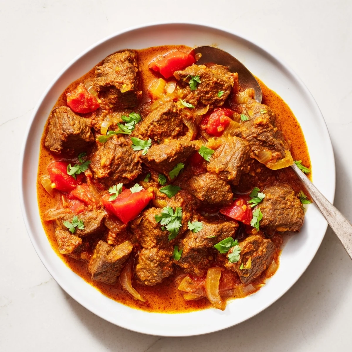 Savory slow-cooked Indian beef curry featuring melt-in-your-mouth beef cubes in a thick crimson-colored spicy gravy