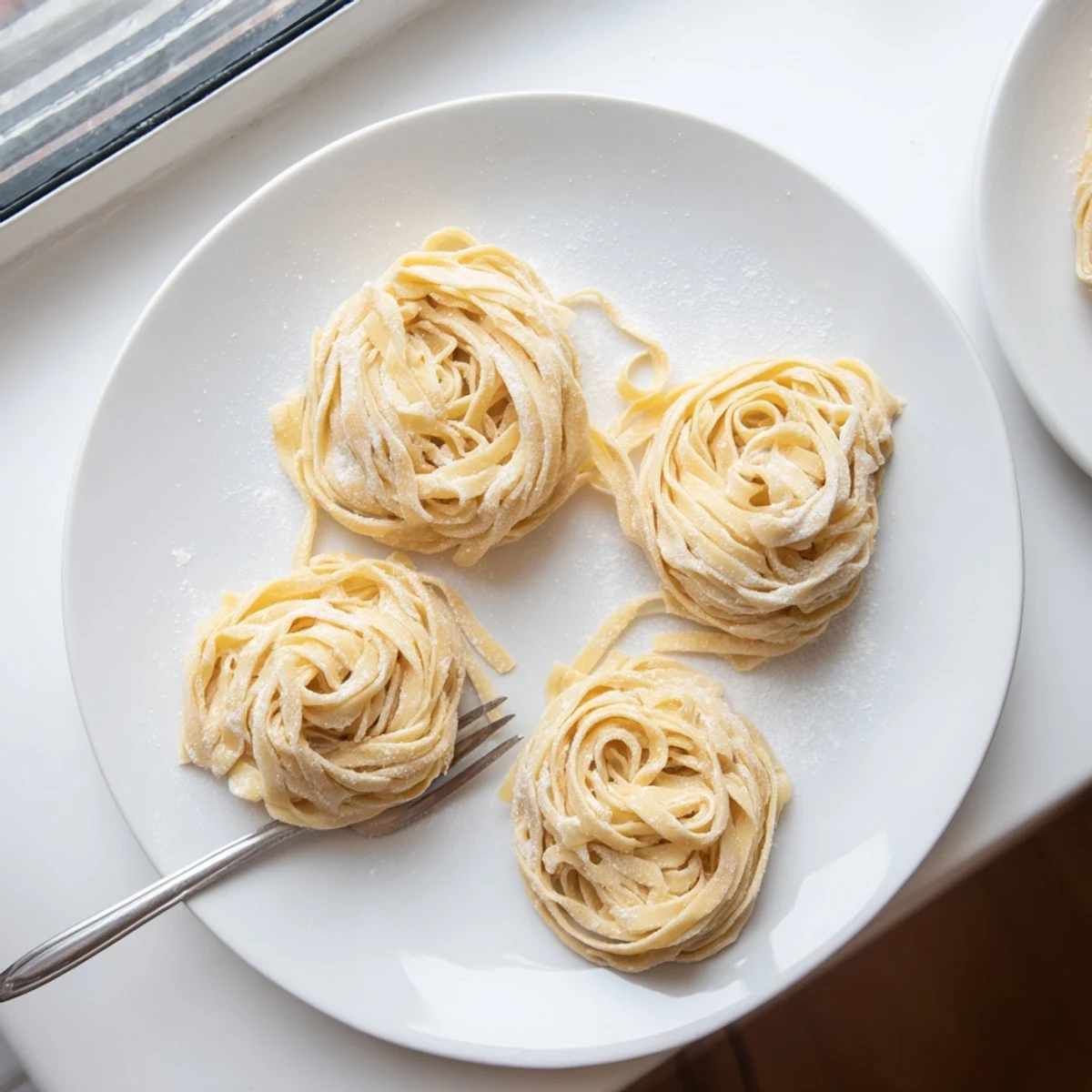 Golden fresh sourdough pasta noodles arranged on marble surface ready for cooking
