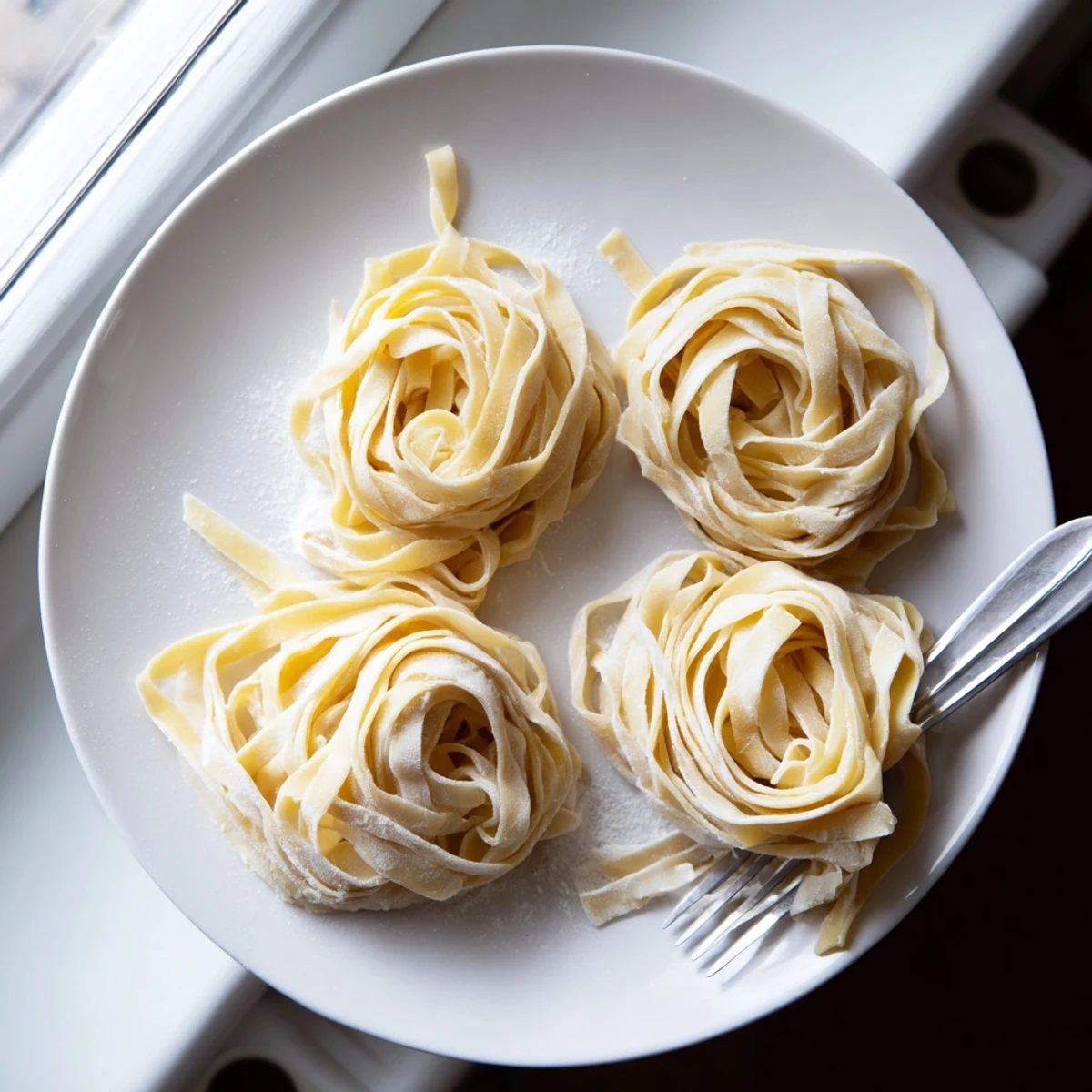Rustic homemade sourdough pasta strands dusted with flour on wooden board