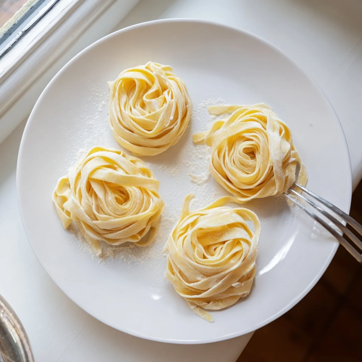 Handmade sourdough pasta ribbons tossed lightly with flour on rustic cutting board
