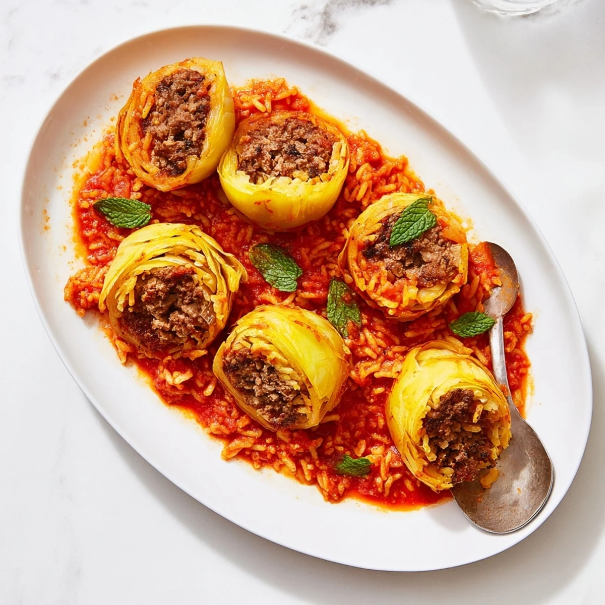 Golden baked Greek stuffed onions nestled in rich tomato sauce with herb and beef filling