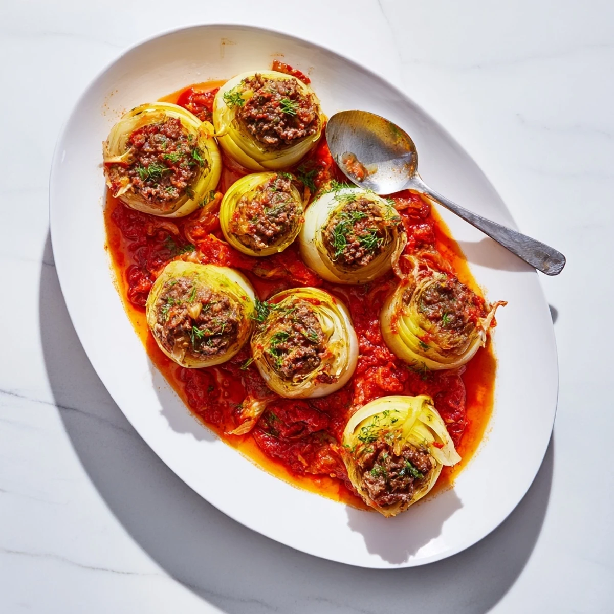Comforting Greek stuffed onions drizzled with thick tomato sauce and garnished with fresh parsley