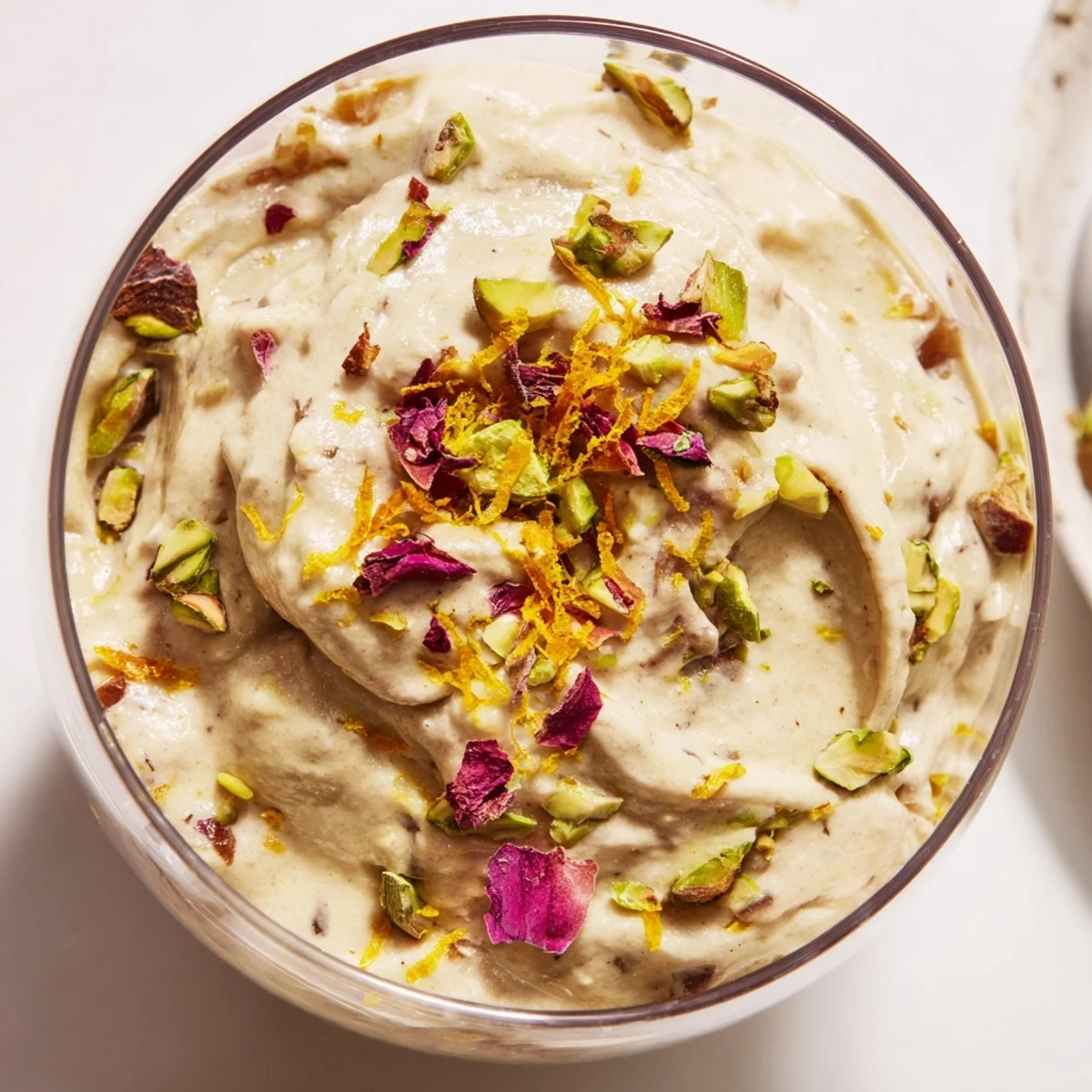 Creamy Lebanese date blossom mousse garnished with chopped pistachios and fragrant orange zest