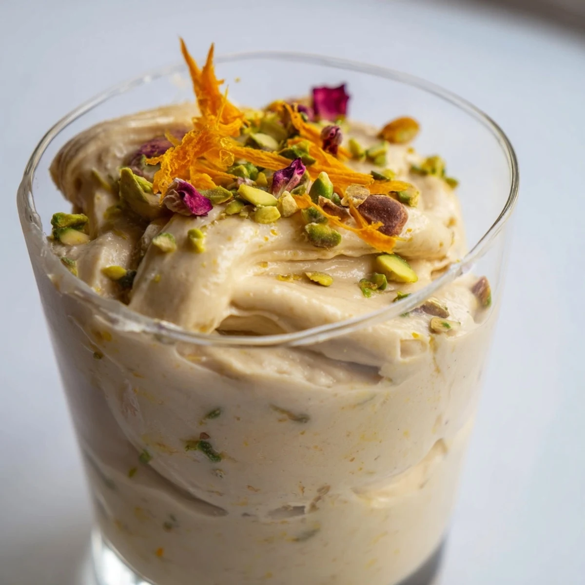 Light and airy Lebanese date blossom mousse topped with rose petals and crunchy nuts