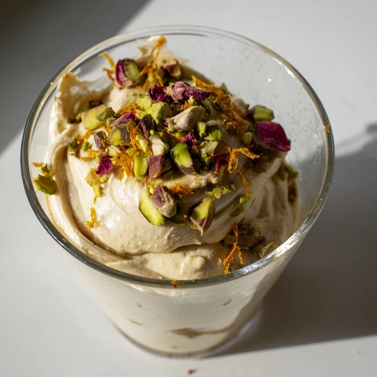 Elegant Lebanese date blossom mousse dessert served in glasses with pistachio sprinkle