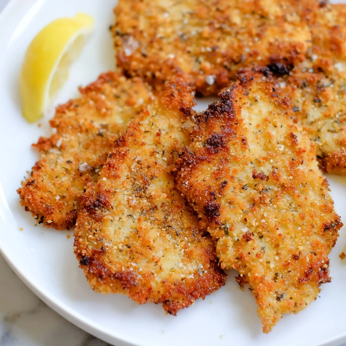 CrispyParmesan crusted Italian chicken cutlets served hot with fresh lemon for squeezing over the top