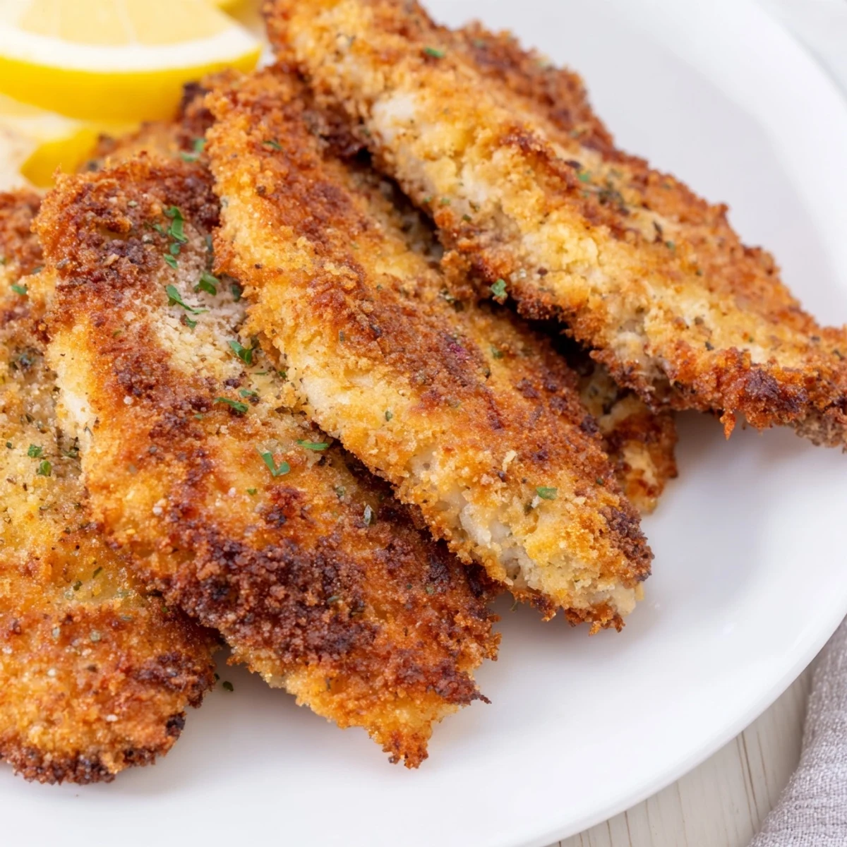 Golden brown Italian chicken cutlets fried to crispy perfection with lemon wedges on white plate
