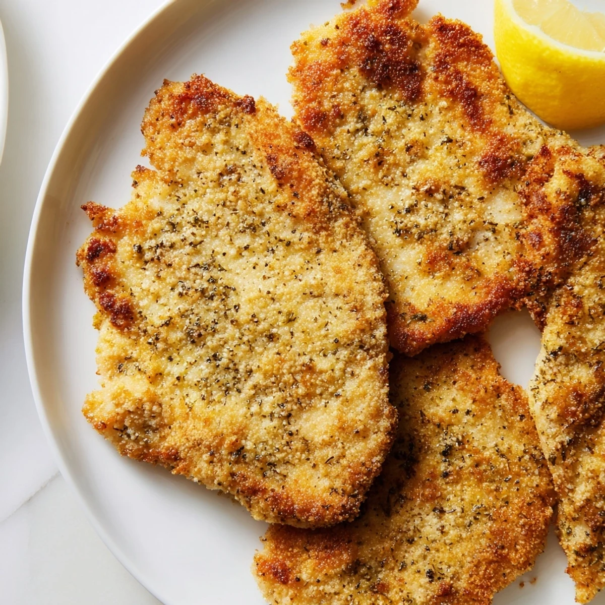 Golden Italian chicken cutlets arranged on serving platter with garnish and lemon slices alongside