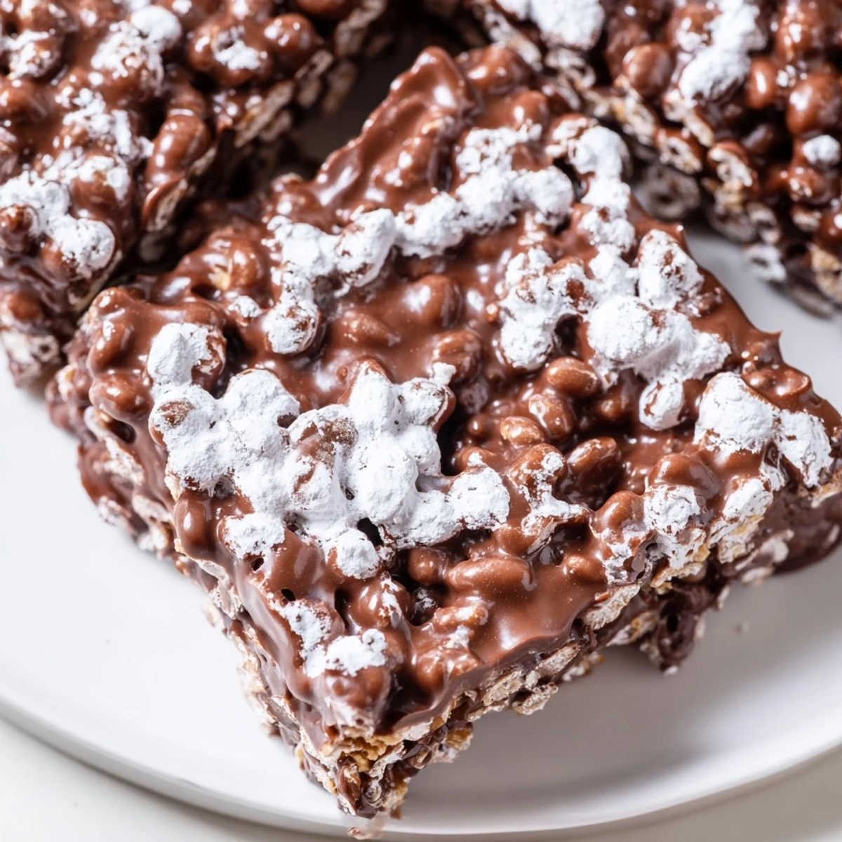 Golden chocolate-covered Rice Krispies squares dusted with white powdered sugar on a serving platter