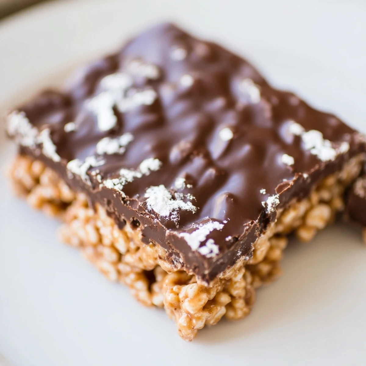 Homemade Muddy Buddy Rice Krispies treats stacked showing chocolate peanut butter coating and sugar dusting