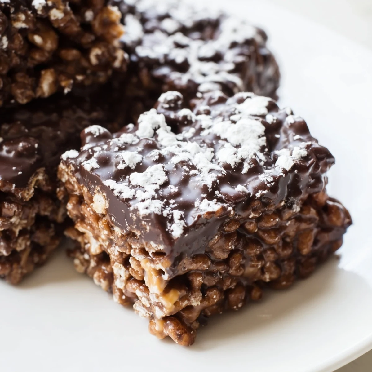 Close-up of chocolate coated Muddy Buddy Rice Krispie squares with powdered sugar on wooden board