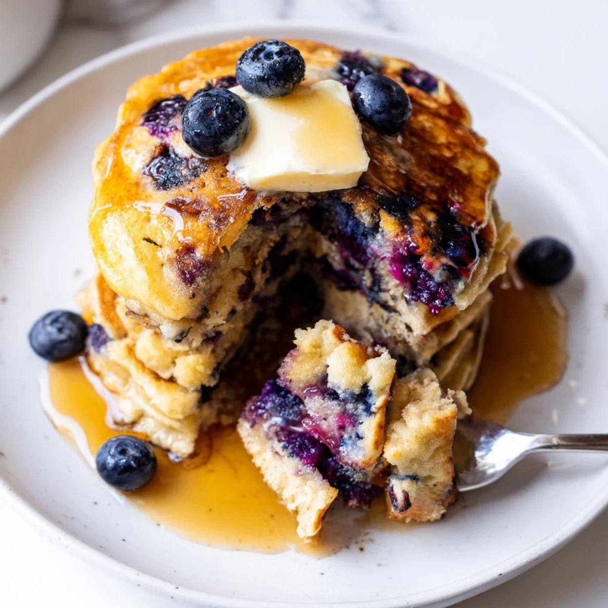 Golden stack of fluffy Greek yogurt blueberry pancakes drizzled with maple syrup on a white plate