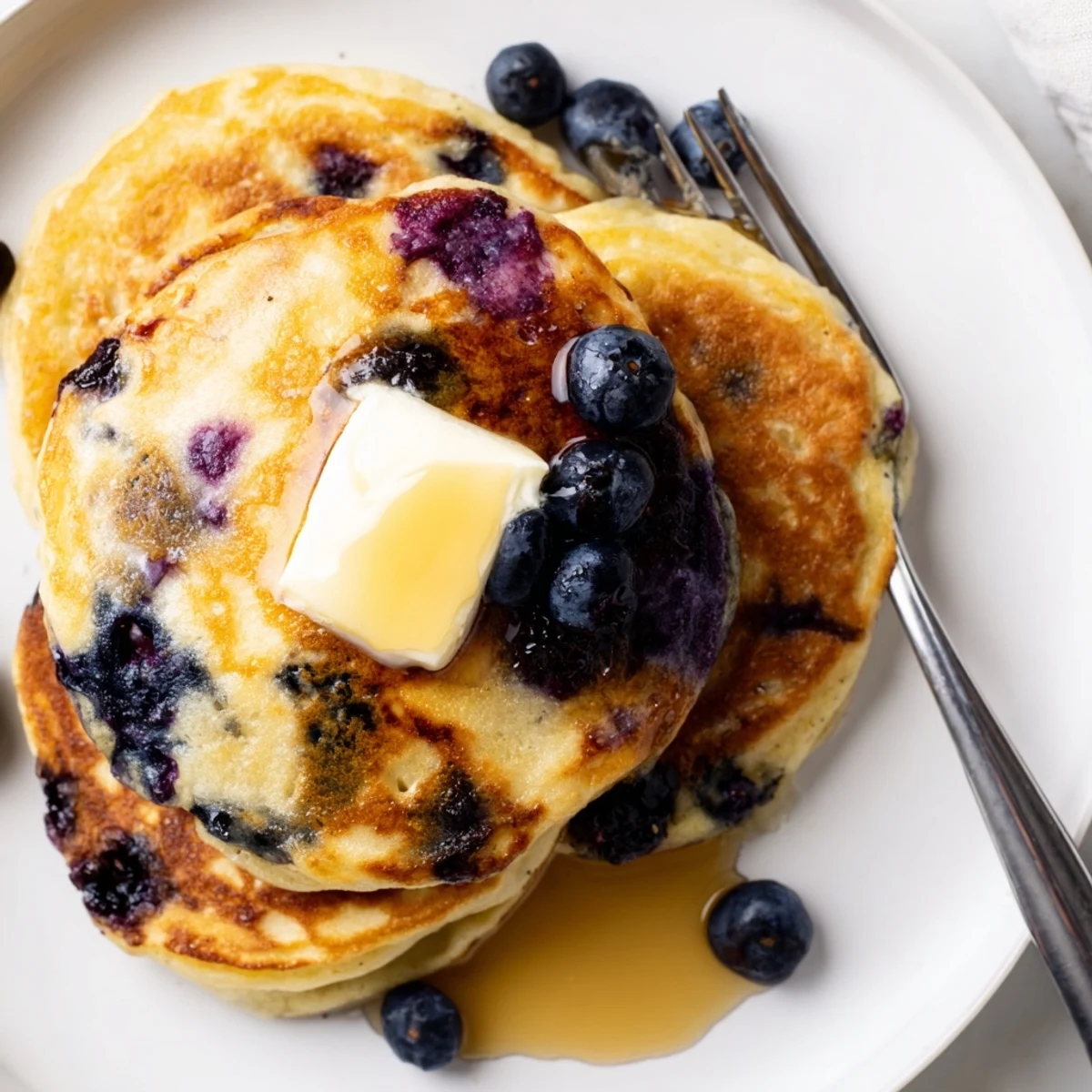 Fluffy Greek yogurt blueberry pancakes dotted with juicy berries and topped with fresh blueberry garnish