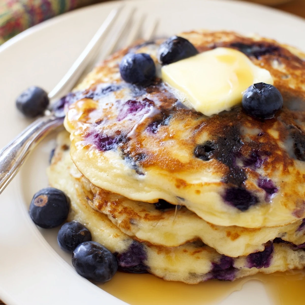 Light and airy Greek yogurt blueberry pancakes stacked high with melting butter and sweet syrup