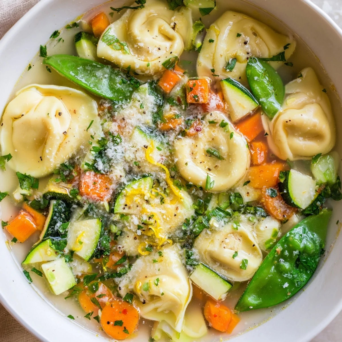 Creamy spring tortellini soup brimming with tender vegetables and fresh herbs in a rustic bowl