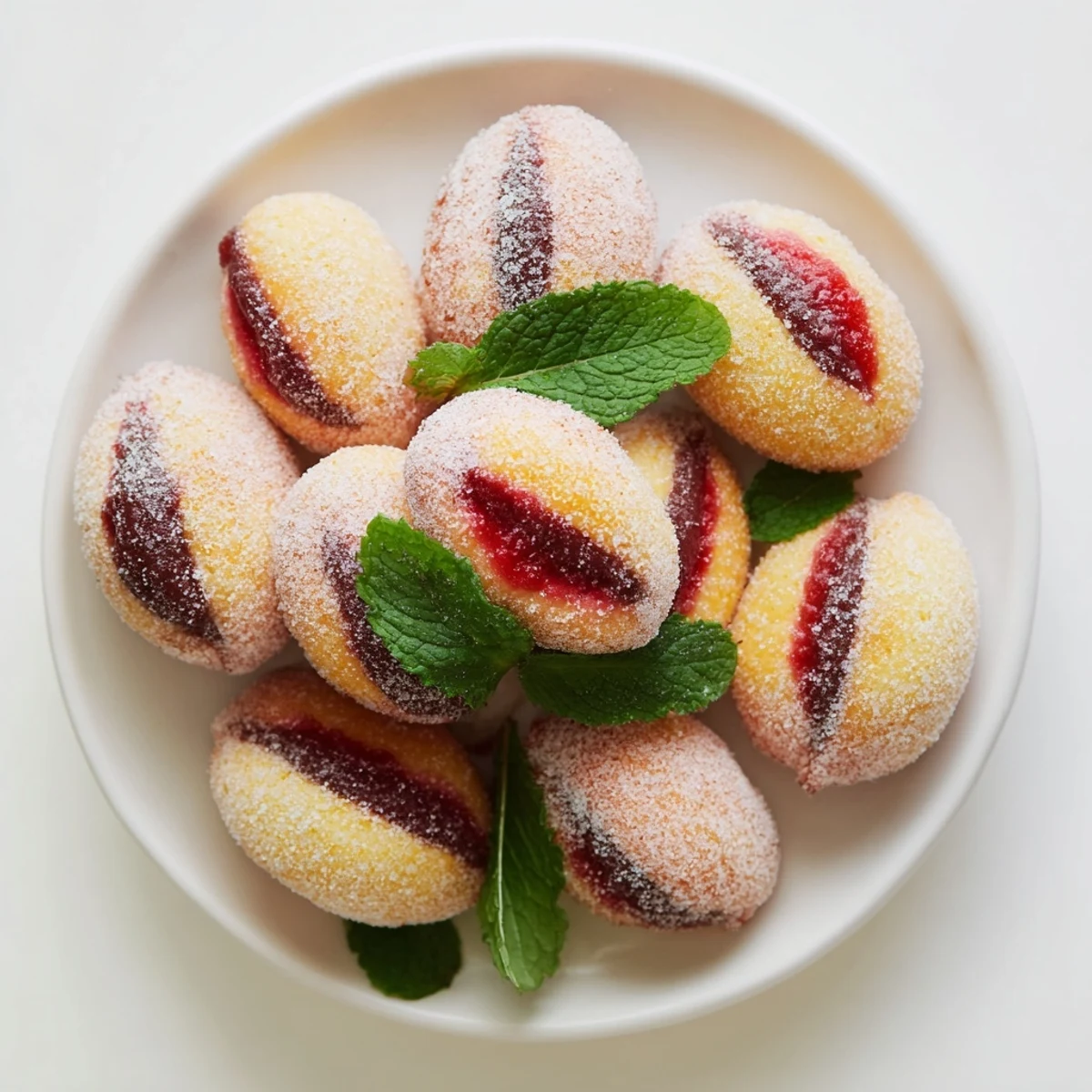 Golden Italian peach cookies filled with chocolate and peach jam, dusted in sparkling sugar on a white serving plate