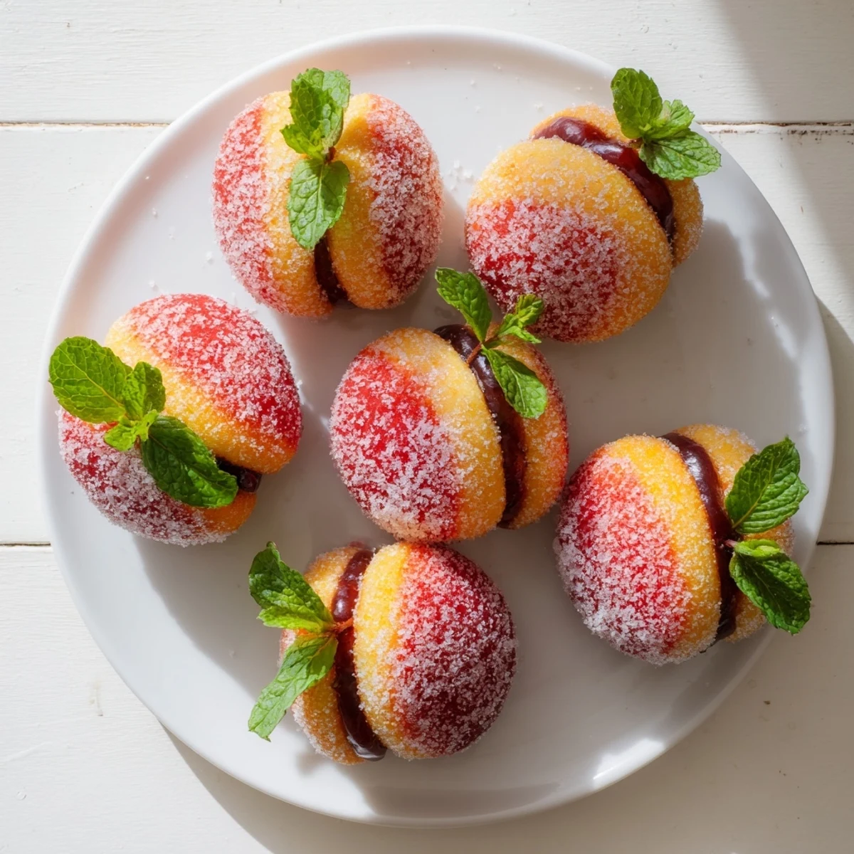 Two peach-shaped sandwich cookies revealing their rich chocolate and fruit filling, garnished with fresh mint leaves