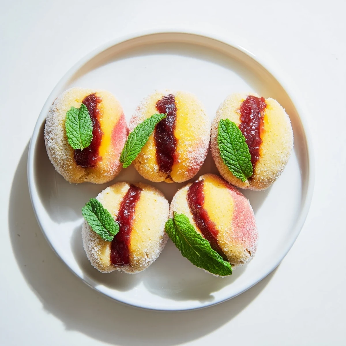 Realistic Italian peach cookies arranged on a wooden board, their sugar-coated exteriors blushing red and yellow