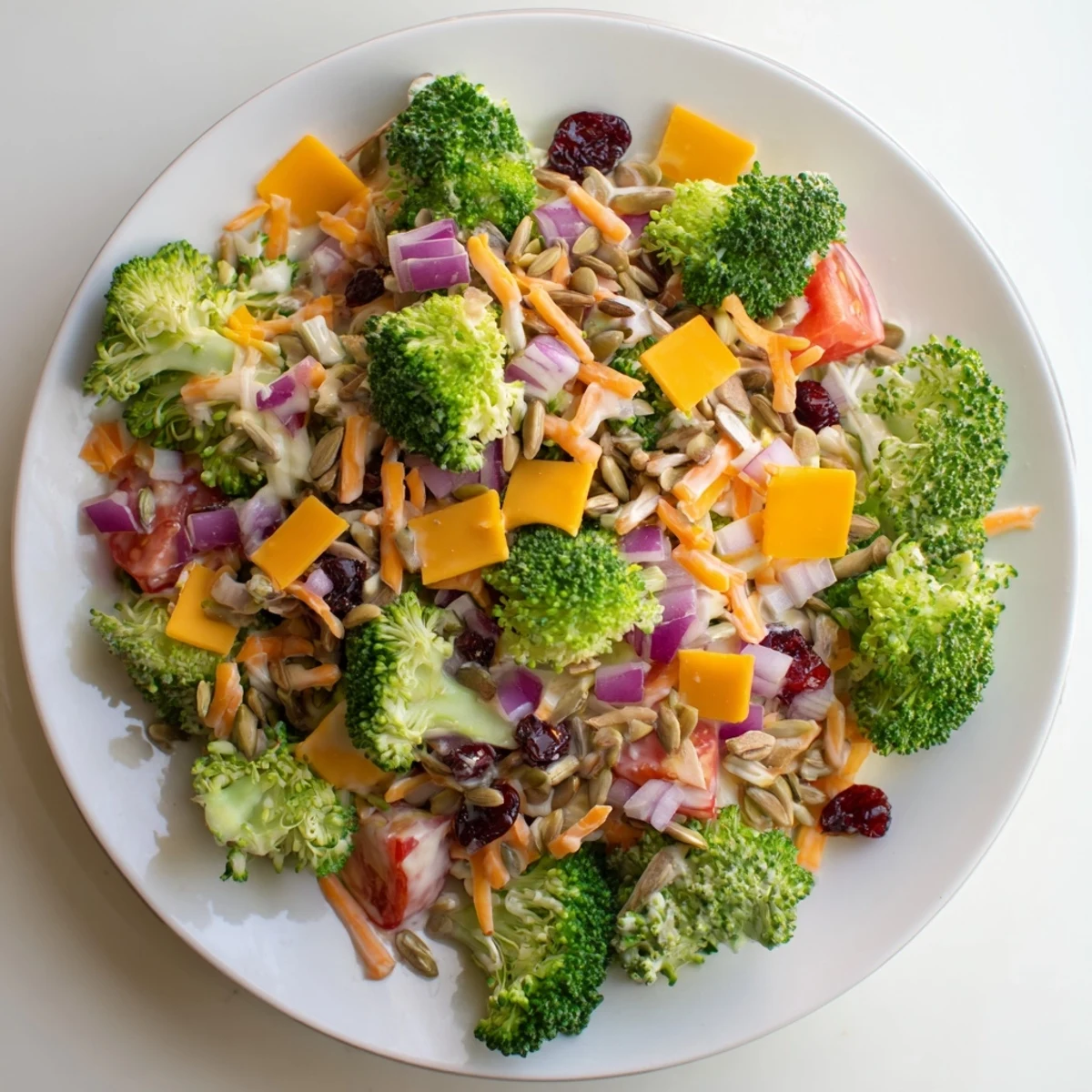 Fresh broccoli salad with crisp florets, dried cranberries, and sunflower seeds in creamy yogurt dressing