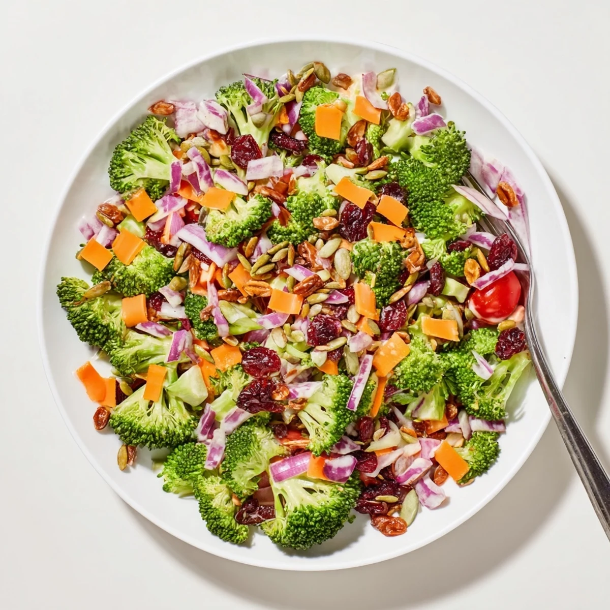 Colorful bowl of broccoli salad featuring red onion, carrots, cheddar cheese, and tangy honey-mustard dressing