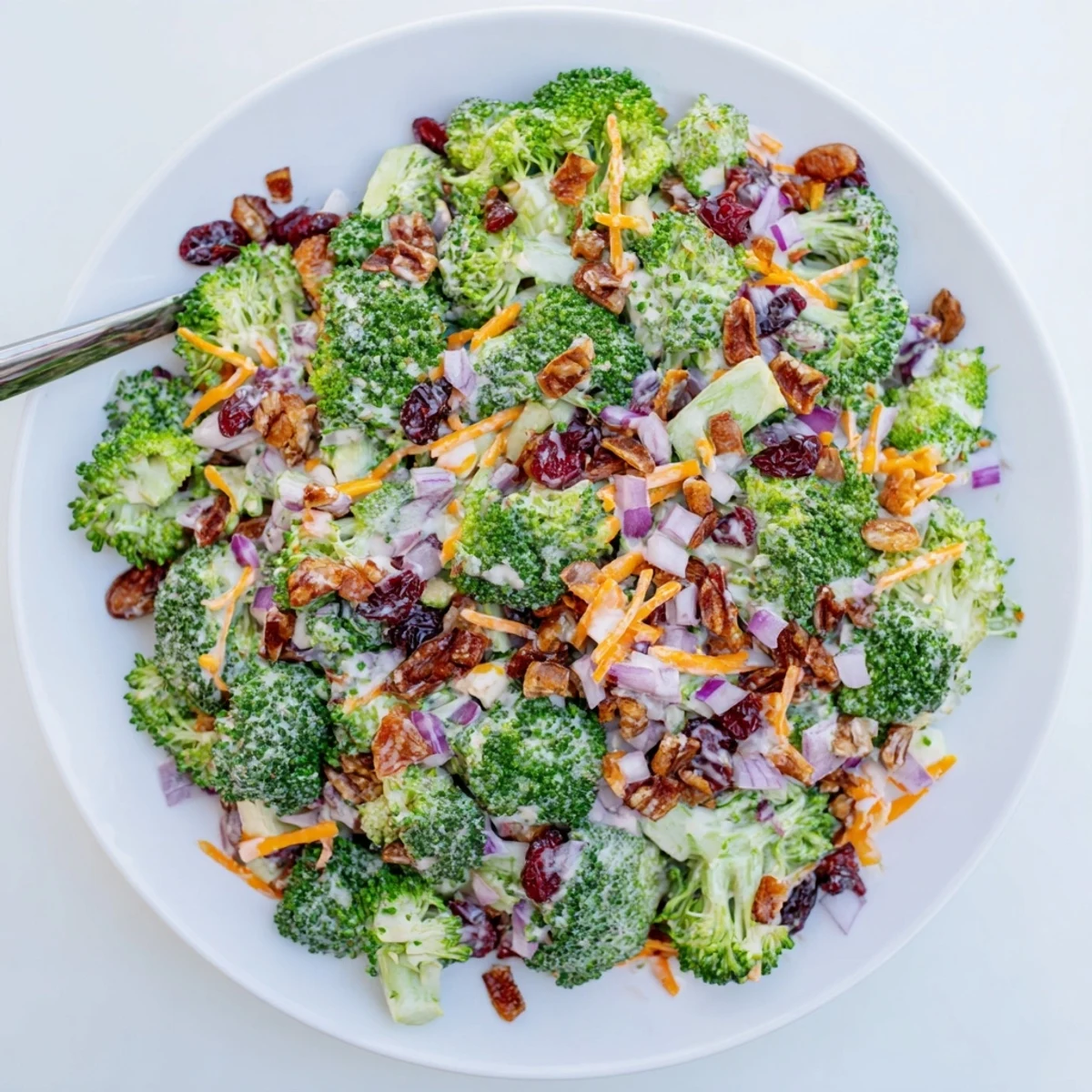 Crunchy broccoli salad with roasted almonds, cranberries, and vegetables coated in cool creamy dressing for picnics