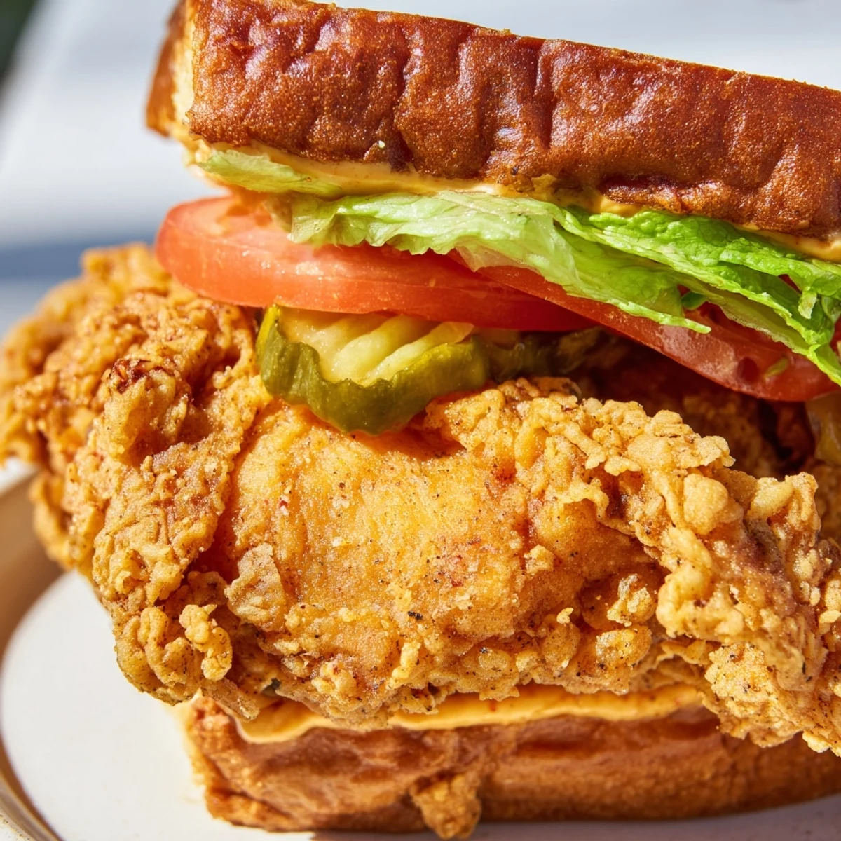 Golden ultra crunchy fried chicken burger piled with fresh lettuce tomato and pickles on toasted bun