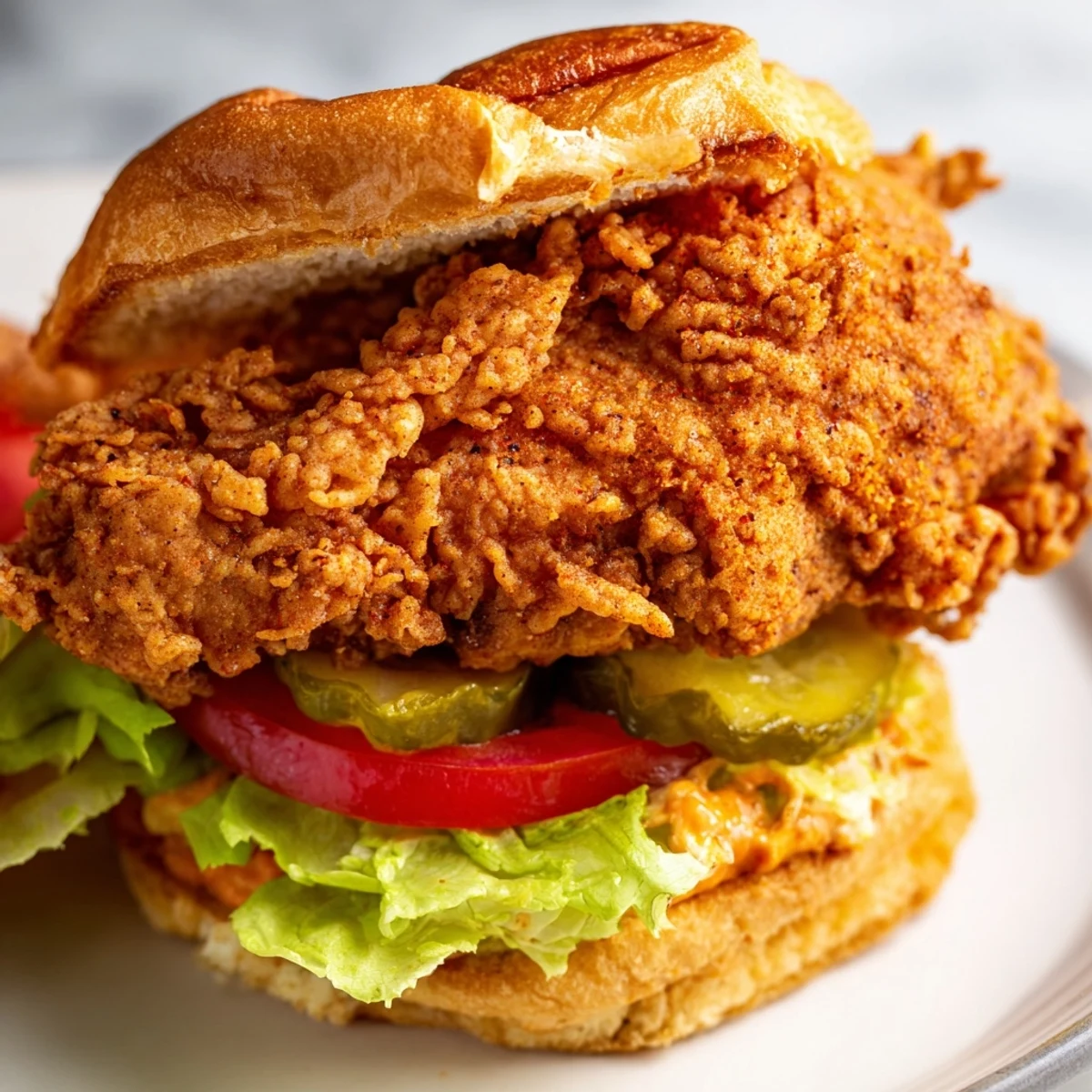 Mouthwatering American fried chicken burger featuring ultra crispy chicken thigh with spicy mayo and crisp vegetables