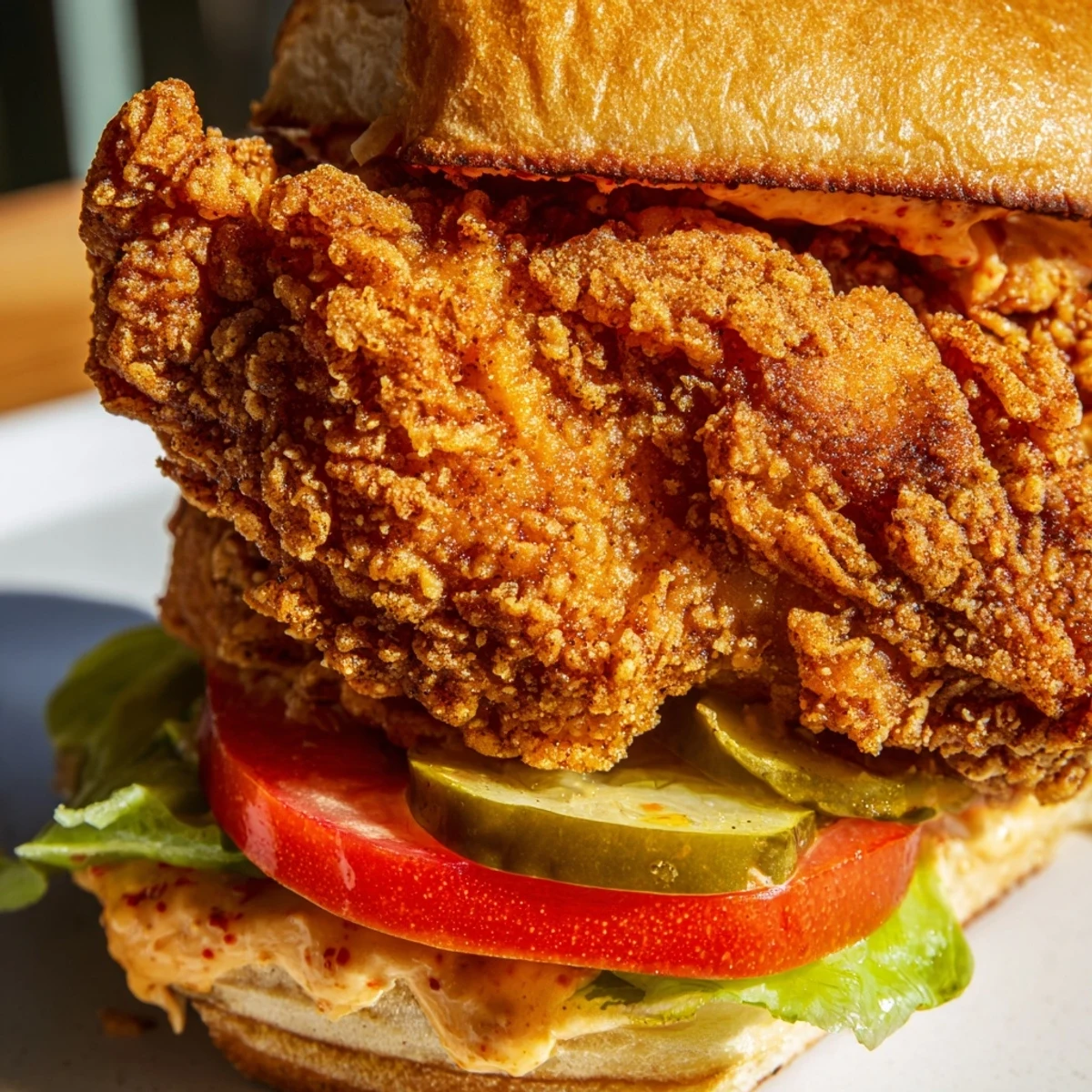 Homemade ultra crunchy fried chicken burger sandwich showcasing golden craggy coating on soft brioche bun