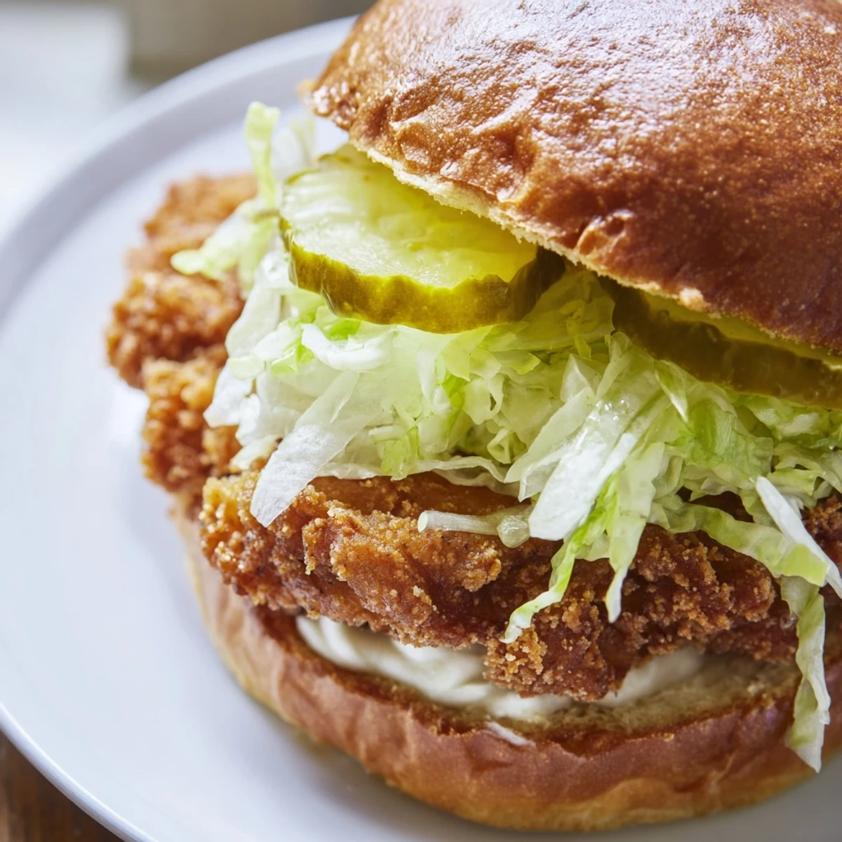 Golden brown crispy chicken burger layered with fresh lettuce and tangy pickles on toasted brioche